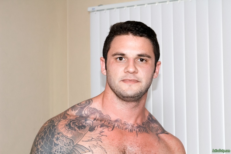 ActiveDuty sexy naked young hairy chest dude Rocke tattoo big thick long dick jerking solo cumshot muscle hunk low hanging balls 007 gay porn sex gallery pics video photo - Active Duty Rocke jerks his huge fat dick to a massive cumshot across his hairy chest